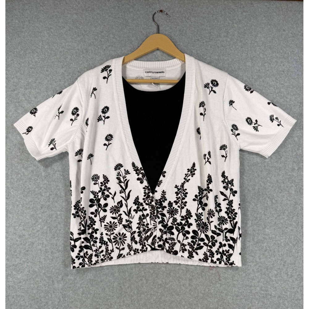Cathy Daniels Large Cardigan Floral Cottagecore Cotton Short Sleeve Sweater